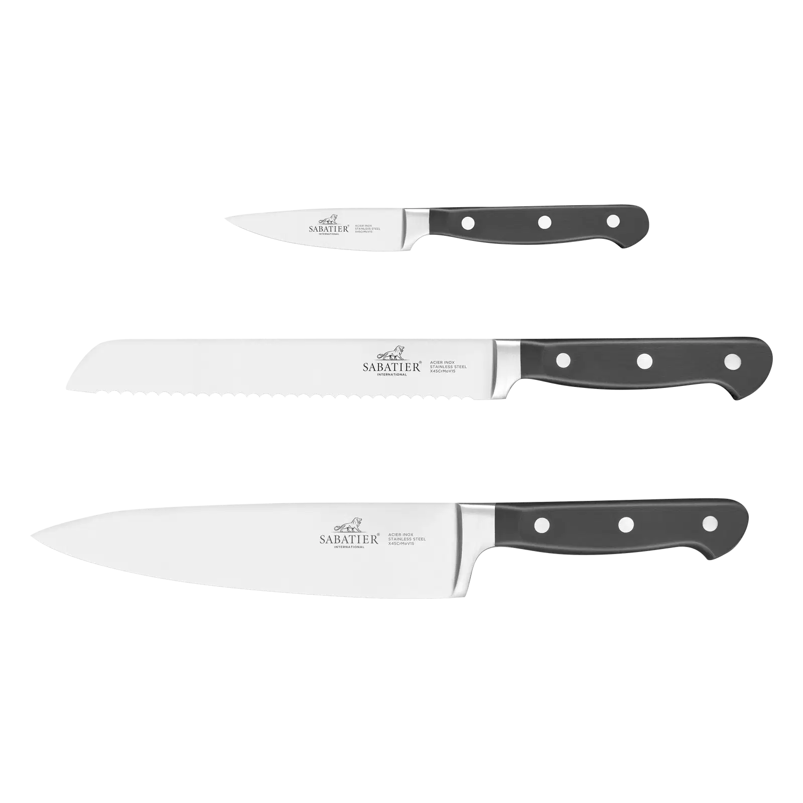 

Lion Sabatier Knivsæt 3 dele, urte, brød og kokkenkniv i stål/sort, Pluton